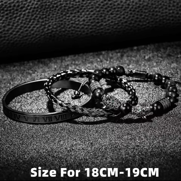 New 3PCS Mens Premium Black Agate Beaded Bracelet Set - Picture 4 of 12